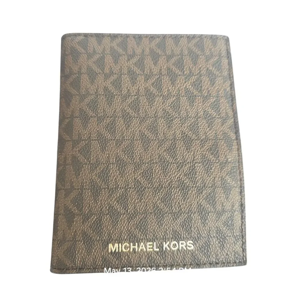 Michael Kors MK Passport Holder Wallet Brown Logo PVC Travel Organizer